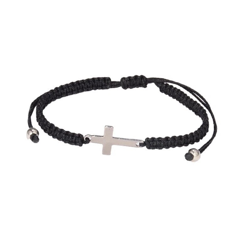 Cross Charm Braided Bracelet - Adjustable Black Cord with Silver-Tone Sideways Cross