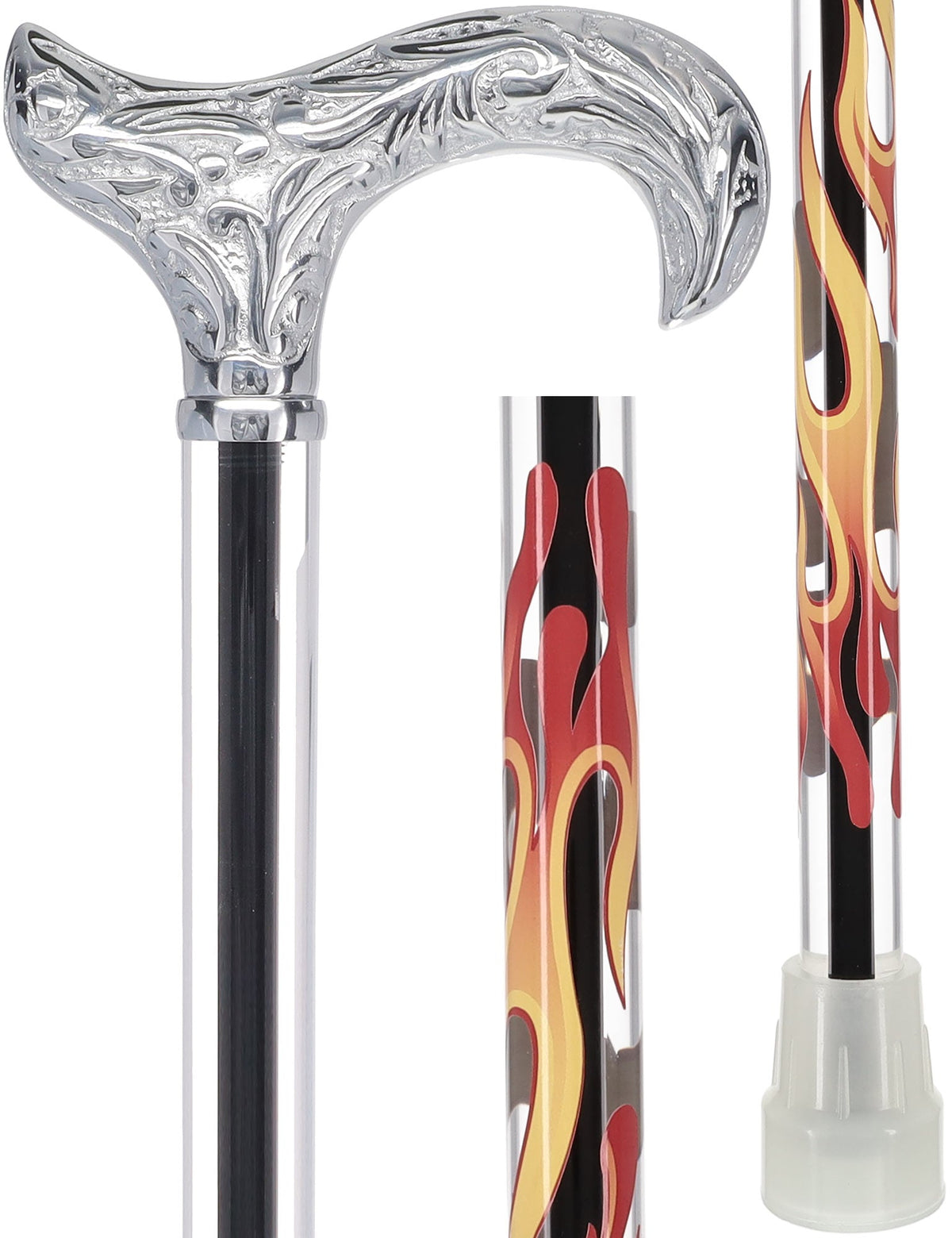 Flame Crystal Elegance Chrome Derby Cane with Invisible Acrylic Shaft Options