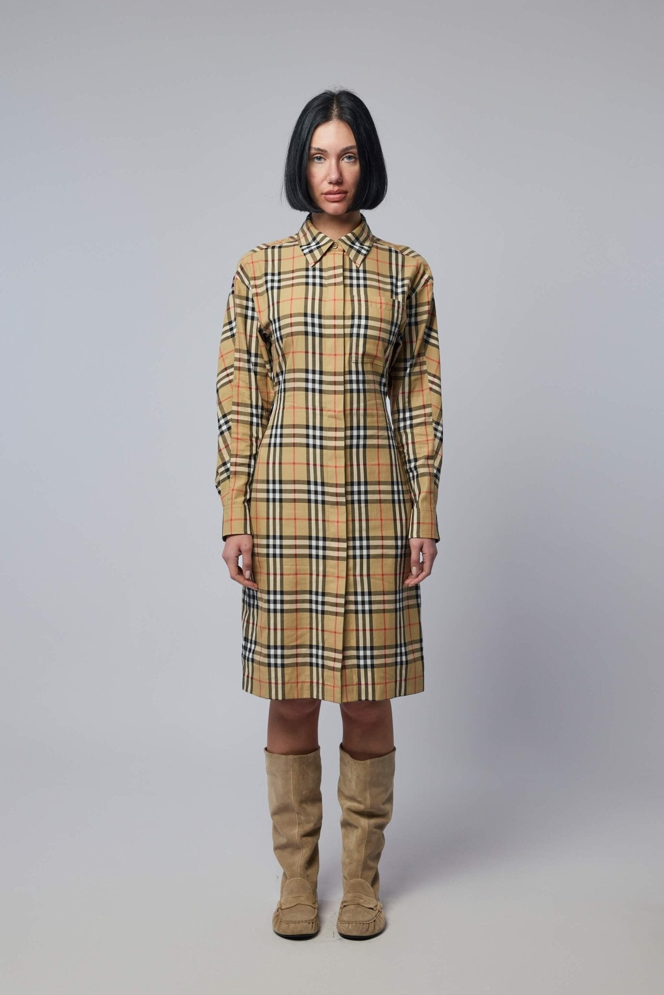 Check Cotton Shirt Midi Dress