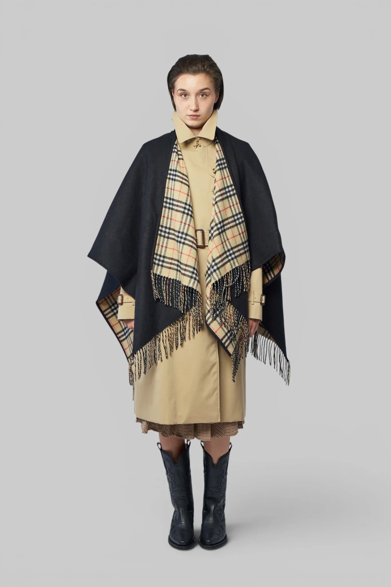 Reversible Check Wool Cape