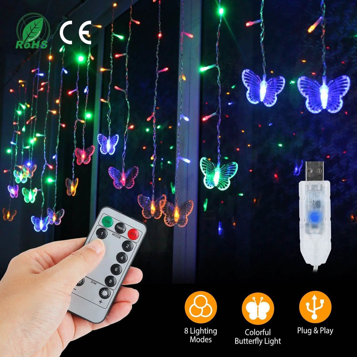 Butterfly Curtain String Lights USB Powered with 8 Modes 96 LED Remote Control