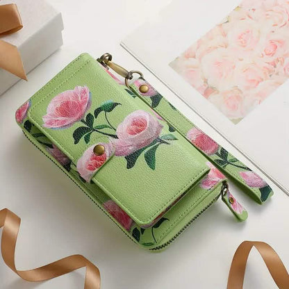 Floral Rose Print Long Wallet with Card Slots and Phone Pocket