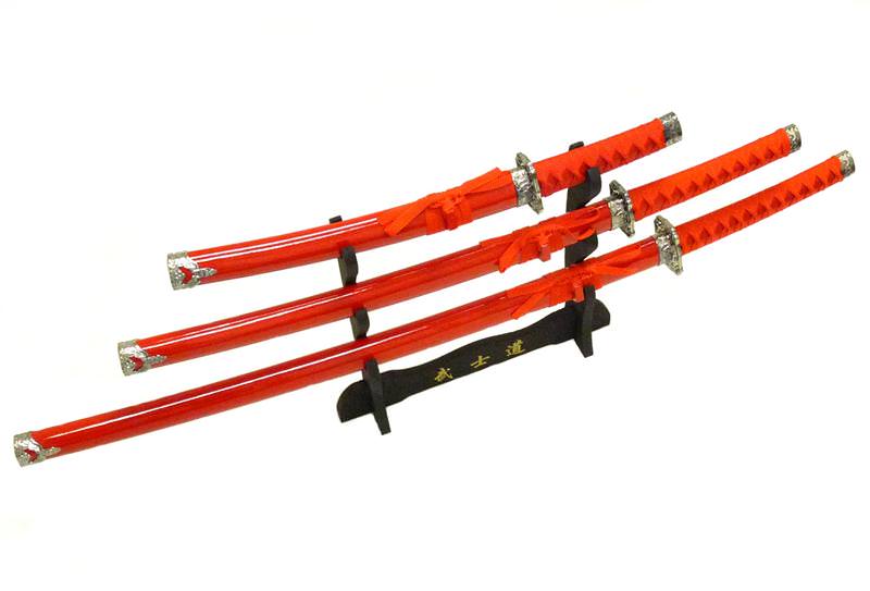 3-pc. Samurai Sword Set With Display Stand Red - TOPHATTER'S ARMORY DEALS