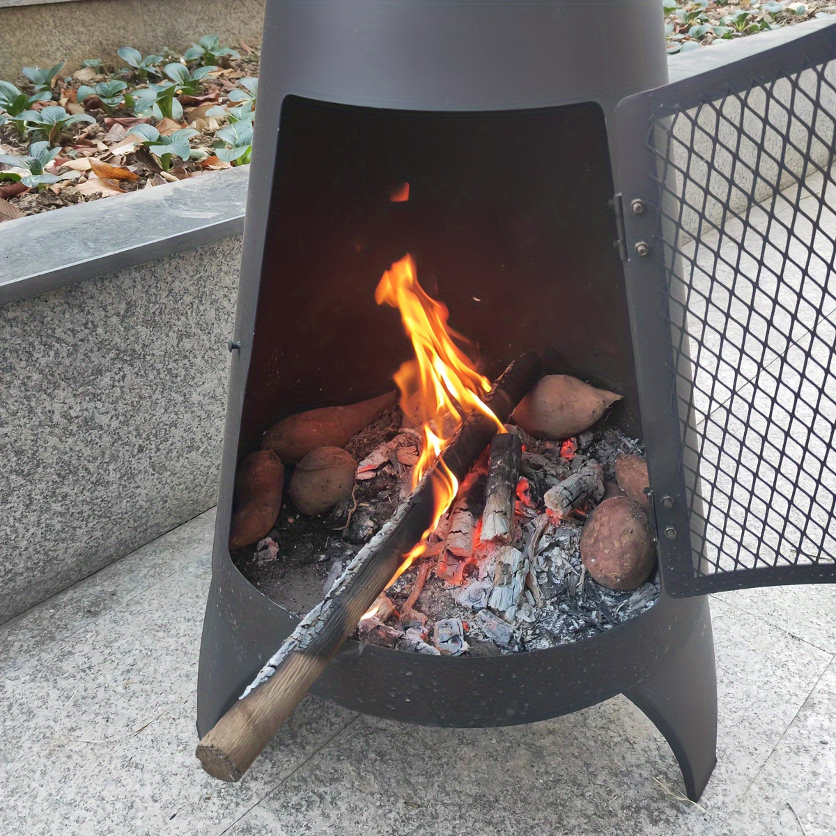 Outdoor Chimney Fireplace with Mesh Door Black Steel