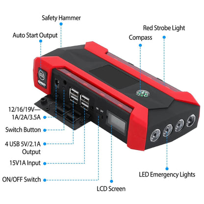 Car Jump Starter Booster with LCD Screen 4 Modes LED Flashlight