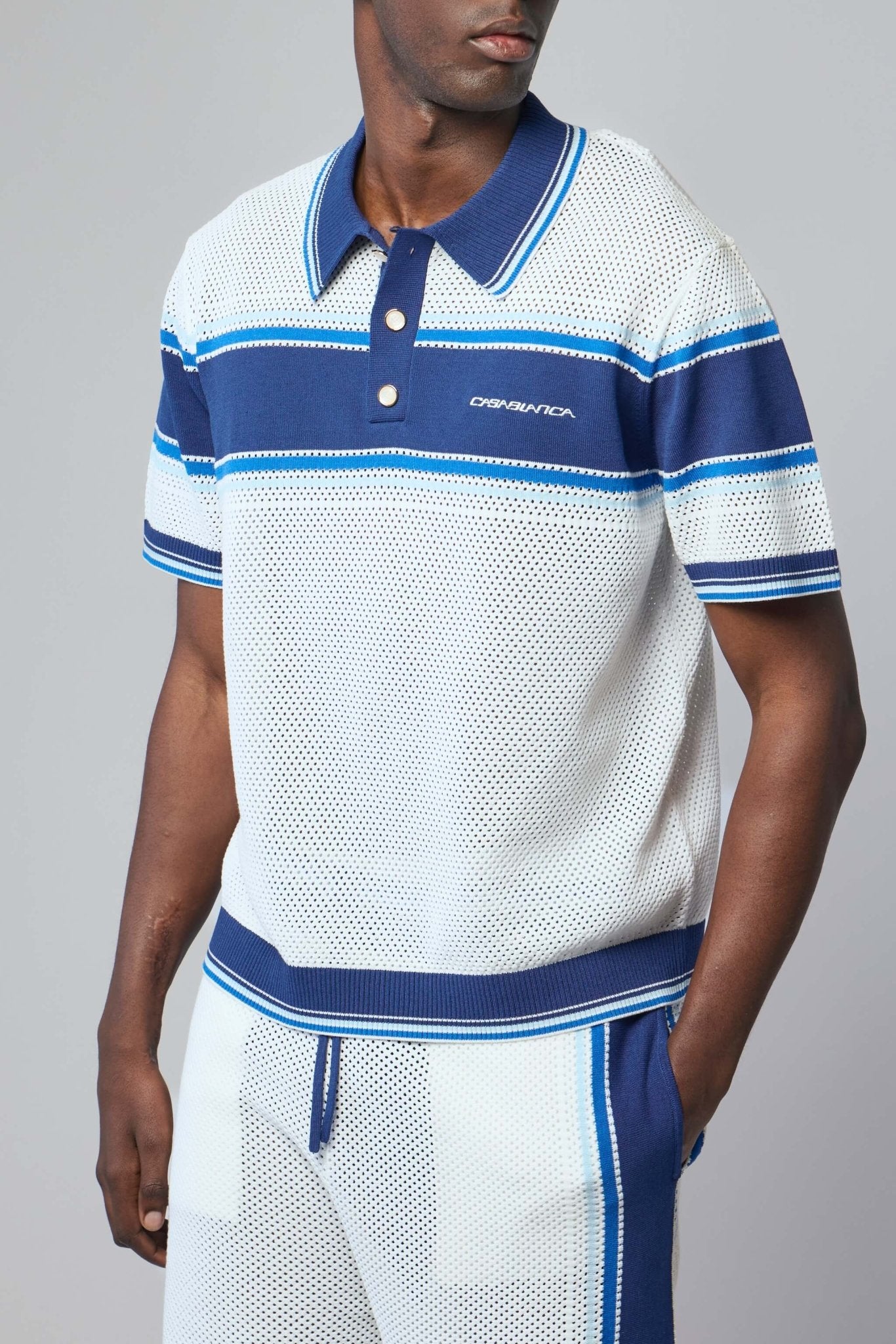 Striped Mesh Short Sleeve Polo Shirt