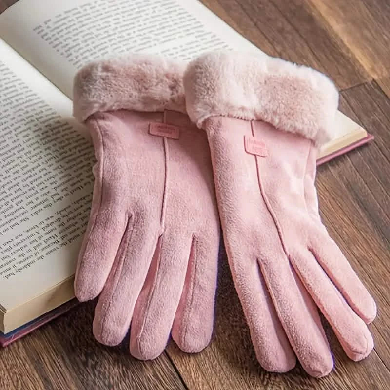 Cashmere Warm Suede Leather Plush Touch Screen Gloves