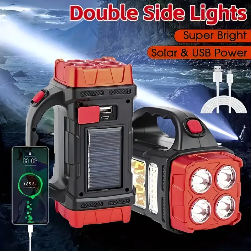 Red Tactical LED Solar Camping Light - Portable Rechargeable Flashlight