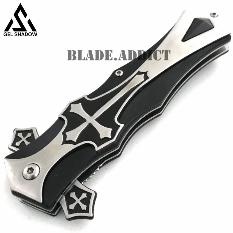 CELTIC CROSS Folding Blade STILETTO Pocket Knife Black-GS42