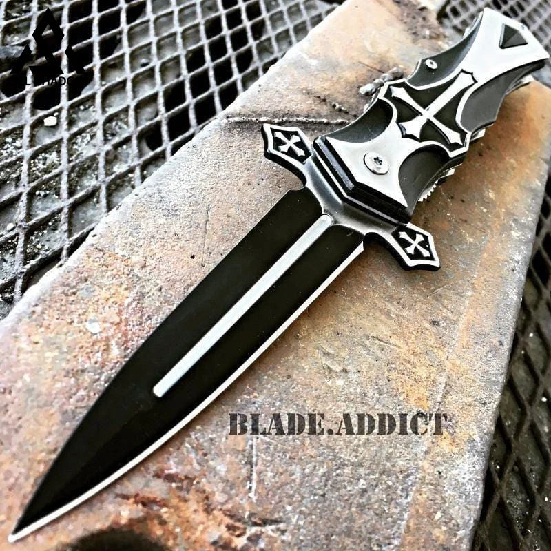 CELTIC CROSS Folding Blade STILETTO Pocket Knife Black-GS42