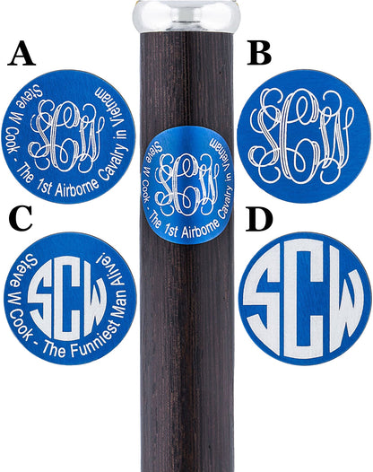 Custom Cane Engraving: Circle in Blue Anodized Aluminum
