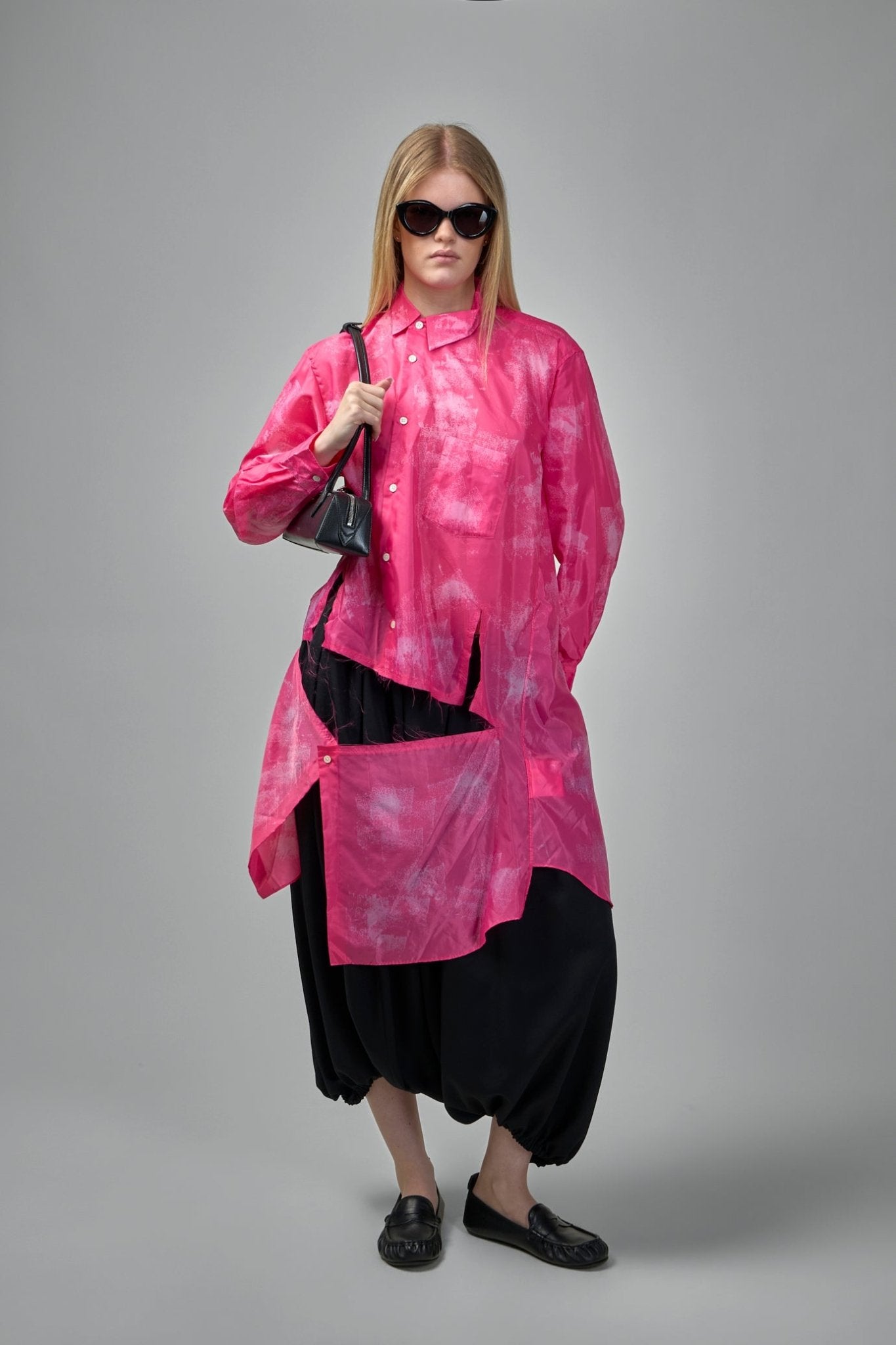 Longline Button-Down Blouse with Abstract Print