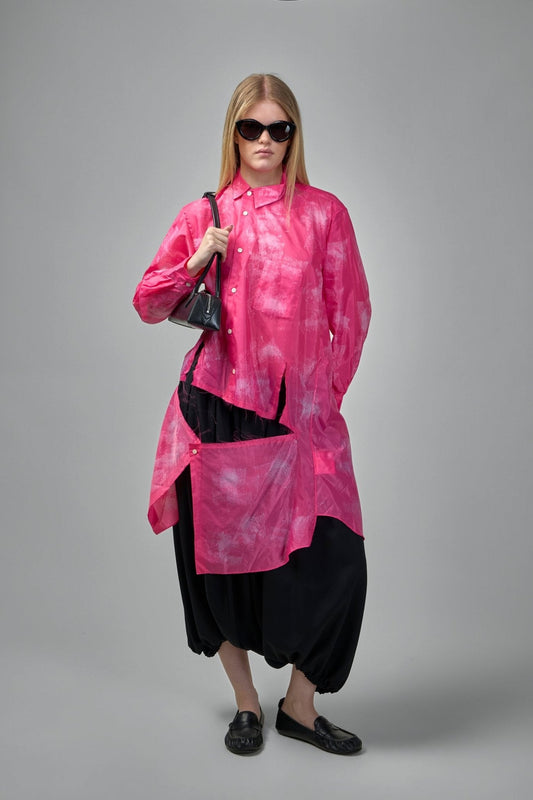 Longline Button-Down Blouse with Abstract Print
