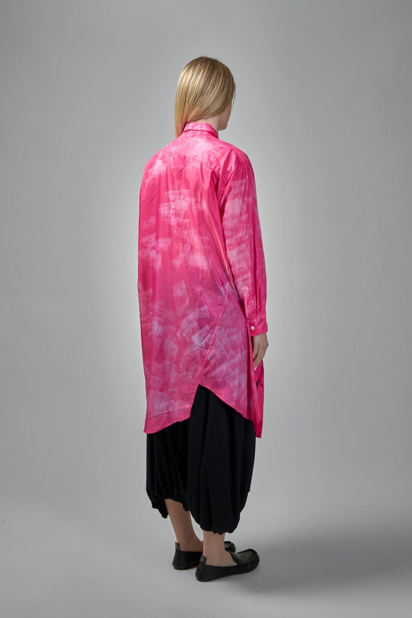 Longline Button-Down Blouse with Abstract Print
