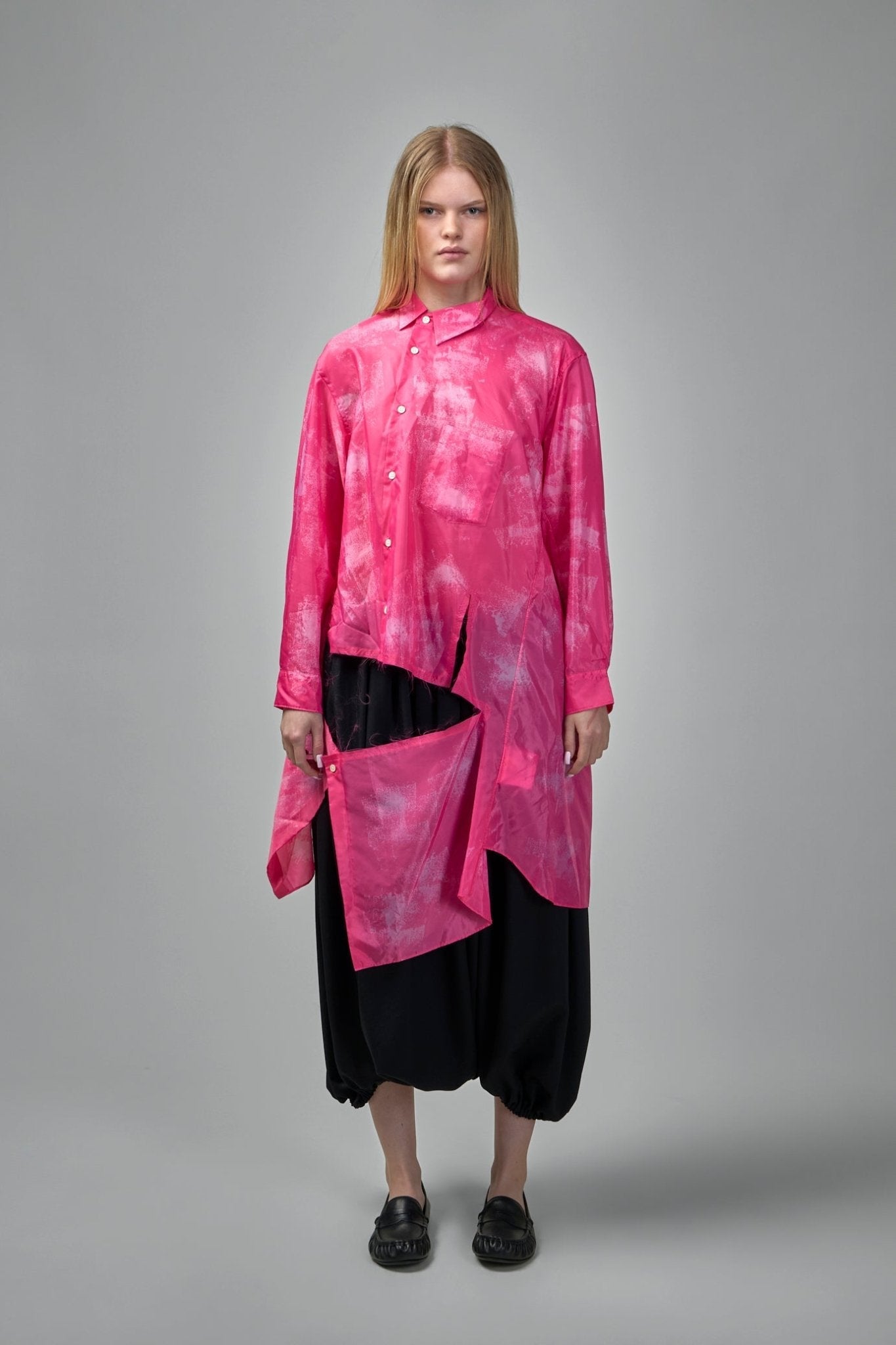 Longline Button-Down Blouse with Abstract Print