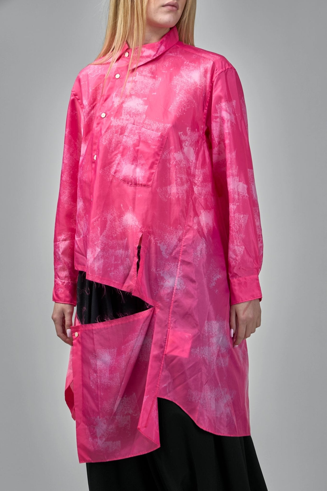 Longline Button-Down Blouse with Abstract Print