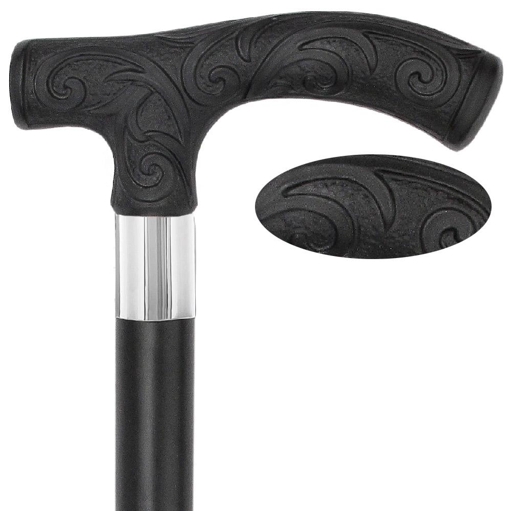 Carved Black Scroll Fritz Handled Cane - Italian Handle w/Custom Shaft and Collar
