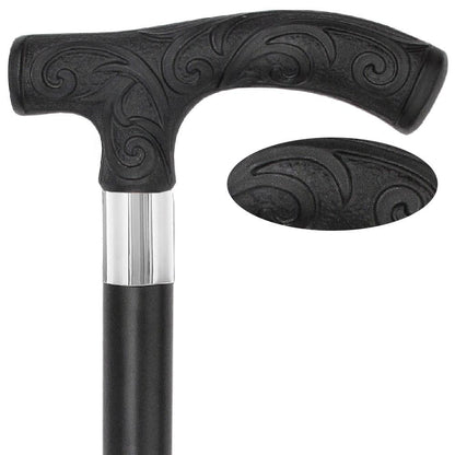 Carved Black Scroll Fritz Handled Cane - Italian Handle w/Custom Shaft and Collar