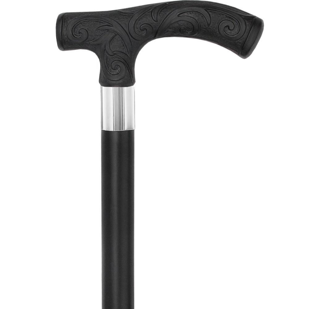 Carved Black Scroll Fritz Handled Cane - Italian Handle w/Custom Shaft and Collar