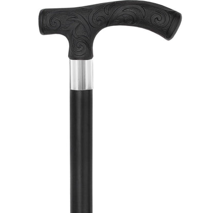 Carved Black Scroll Fritz Handled Cane - Italian Handle w/Custom Shaft and Collar