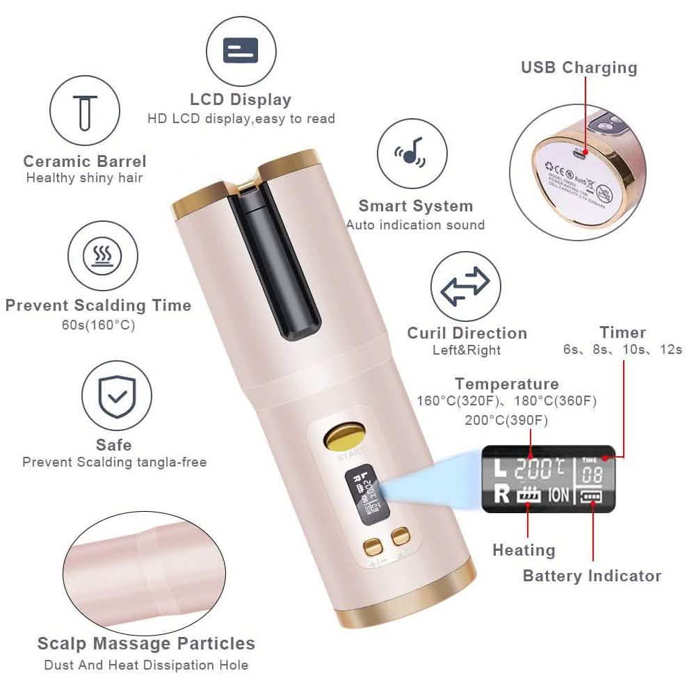 Cordless Automatic Portable Ceramic Barrel Hair Curler