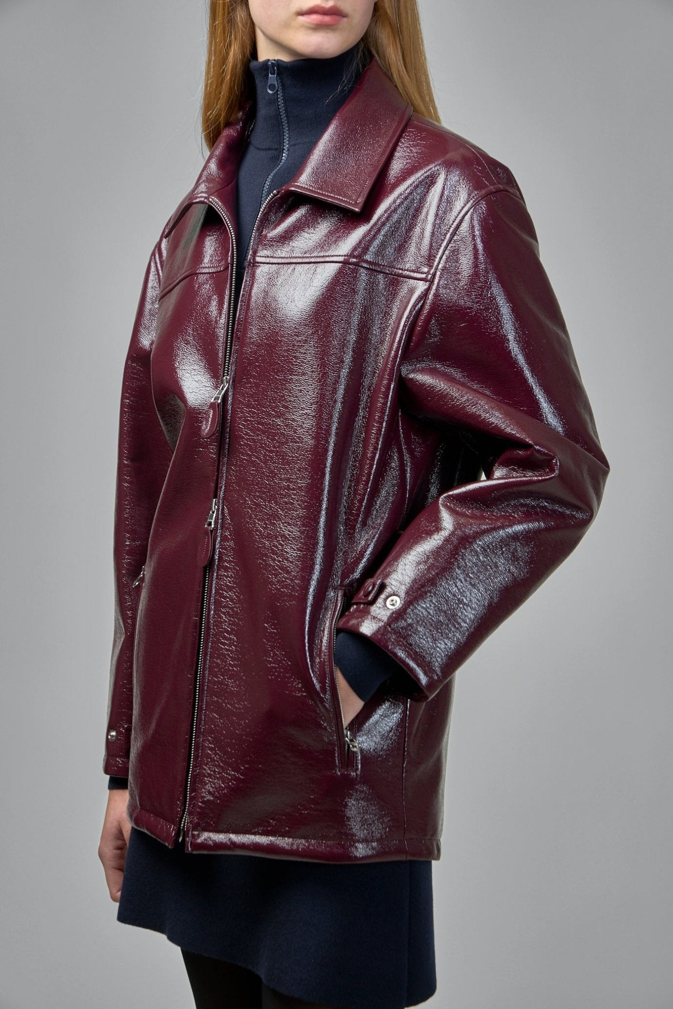 Zipped Vinyl Maxi Bomber Jacket