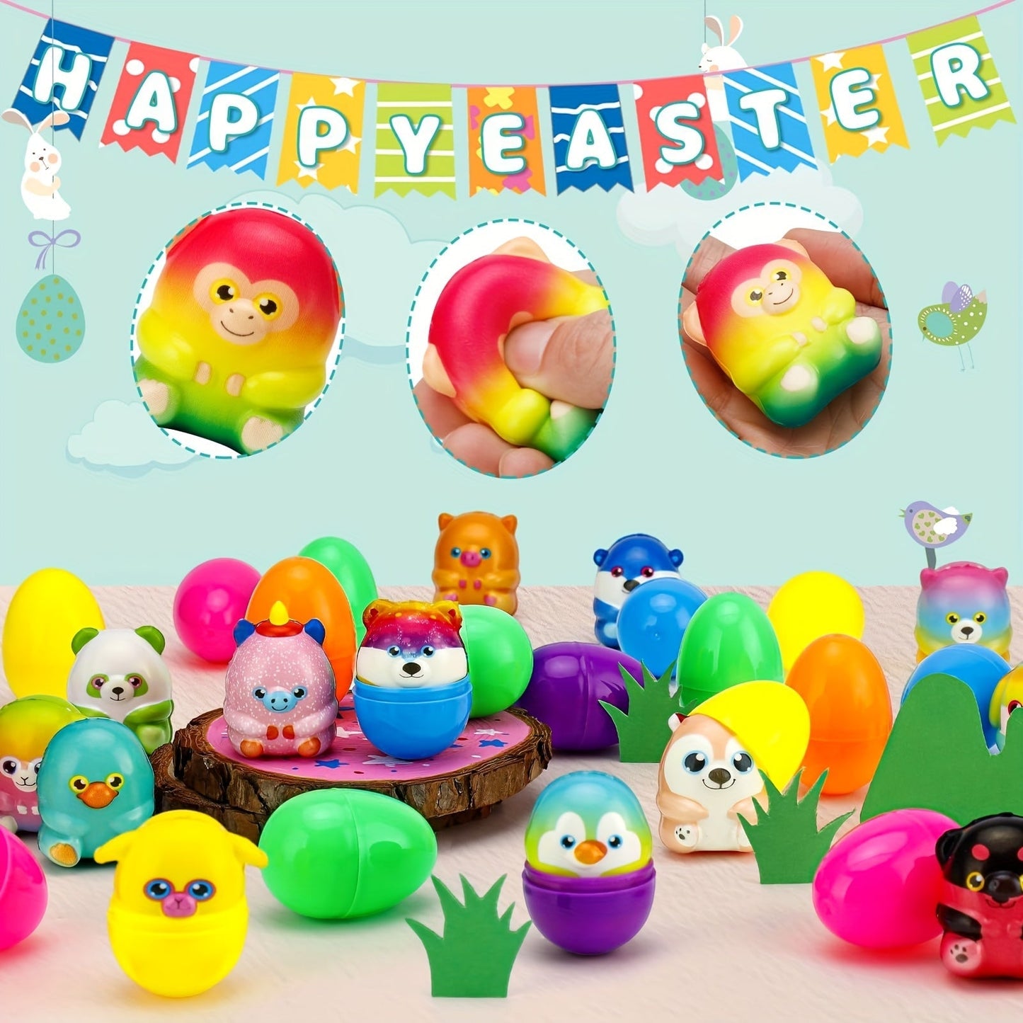 18 Sets Prefilled Easter Eggs with Mini Squishy Toys