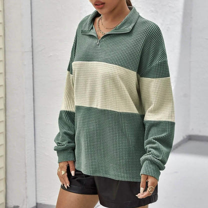 Drop Shoulder Two Tone Textured Half Placket Pullover