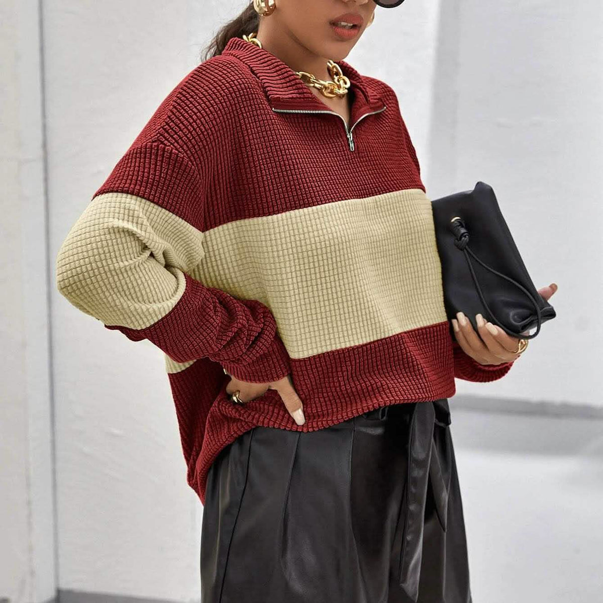 Drop Shoulder Two Tone Textured Half Placket Pullover