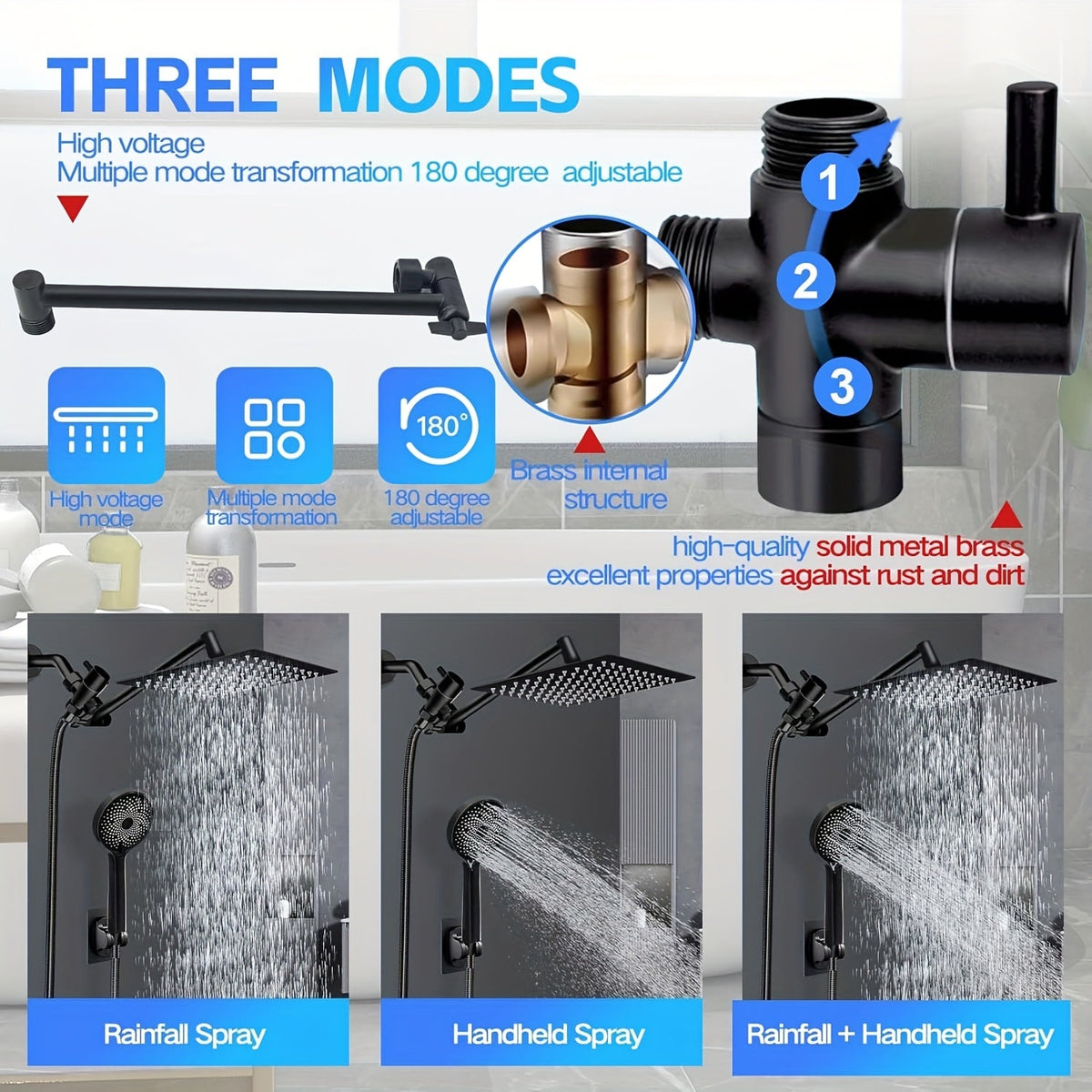 8-Inch Rainfall and Handheld Shower Head Combo - High Pressure, Adjustable Arm, Black
