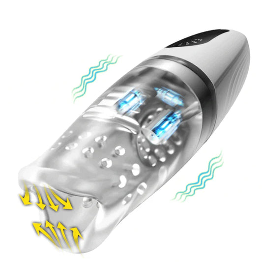 Mimao - Clamping Vibrating White Handle Clear Liner Masturbator - Male Masturbator product image for intimate wellness and pe