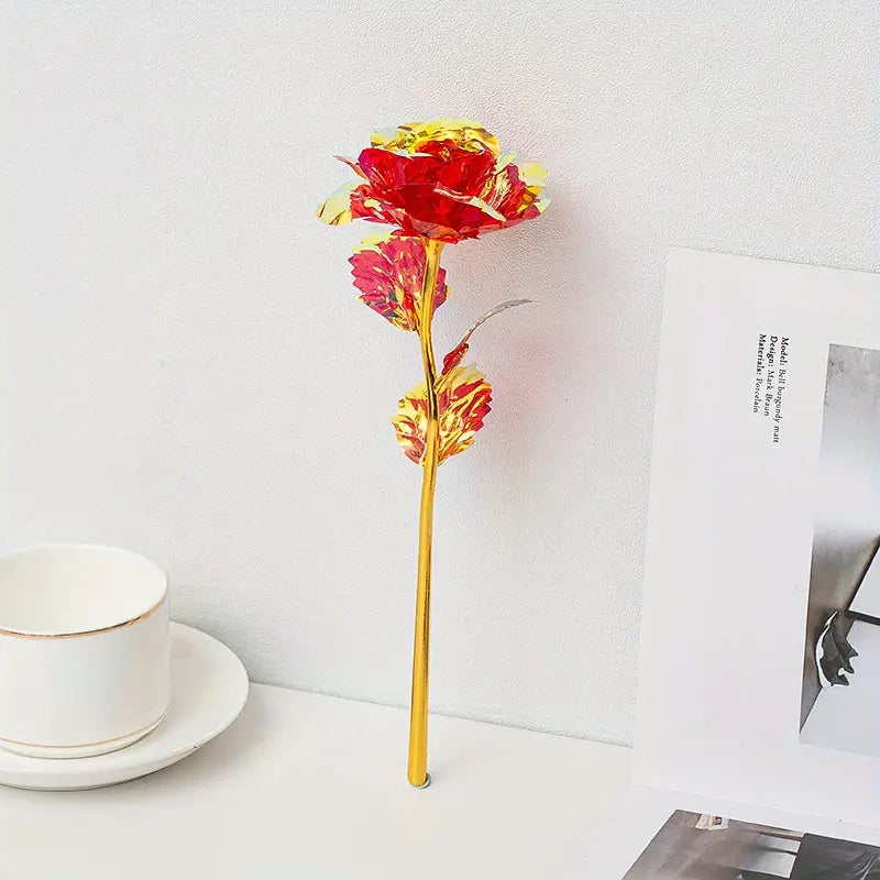 Golden Foil Artificial Roses - Set of 10 Rose Red Flowers