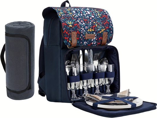 Insulated Picnic Backpack Set for 4 with Blanket