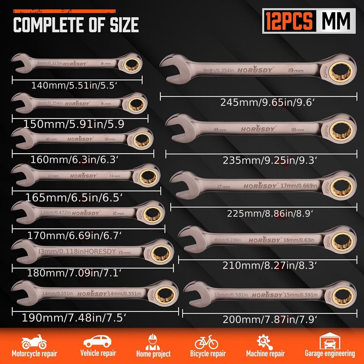 12pcs Metric Ratchet Wrench Set 8-19cm with Case