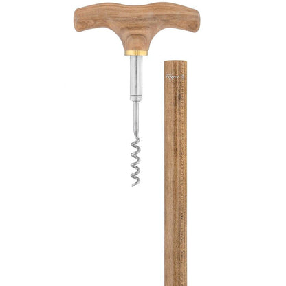 French Gadget Corkscrew Cane: Olivewood T-Handle & Maple Shaft