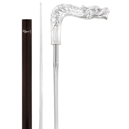 French Dragon Sword Cane: Silver Plated Fritz, Stamina Wood