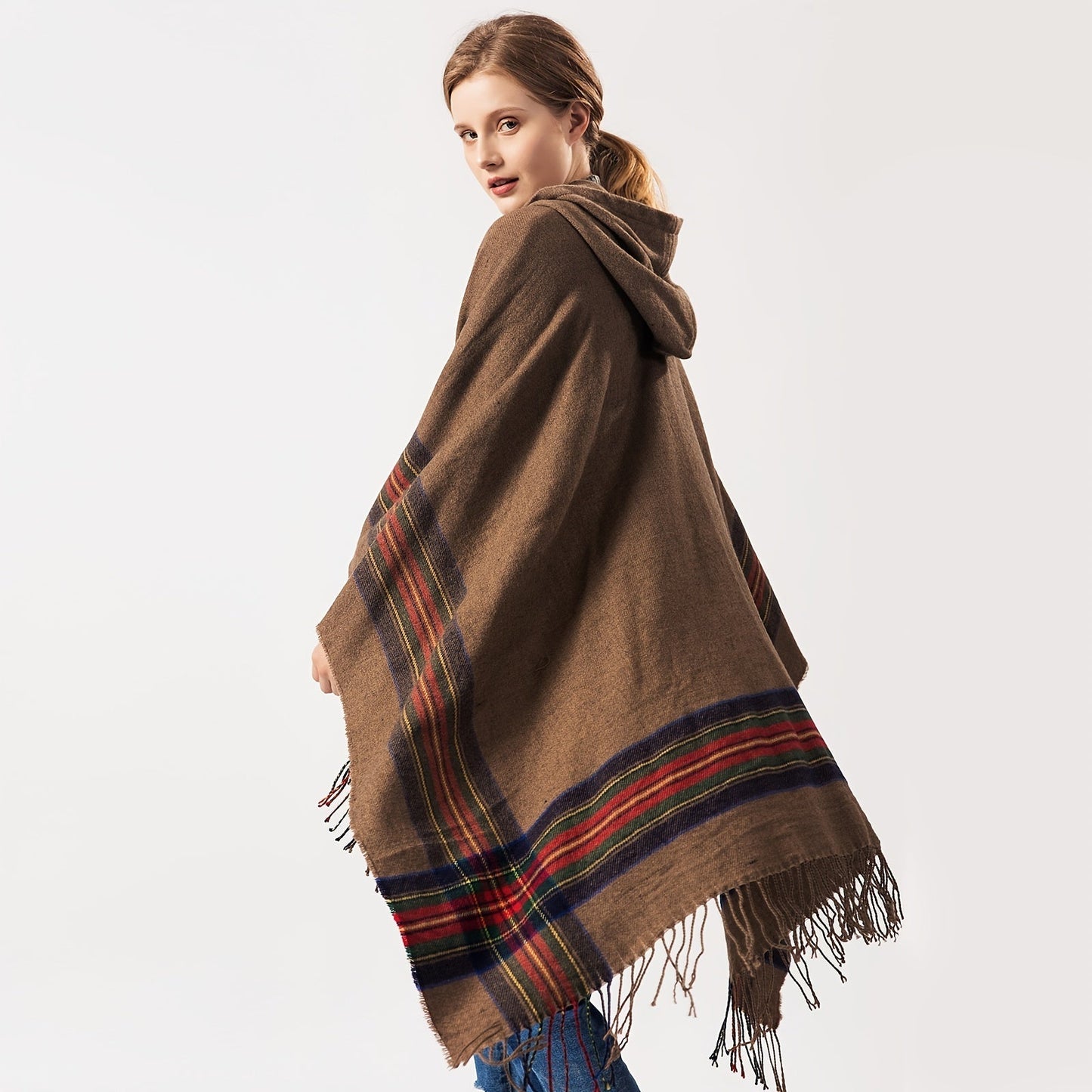 Oversized Scottish Hooded Cardigan Tassel Shawl Cloak