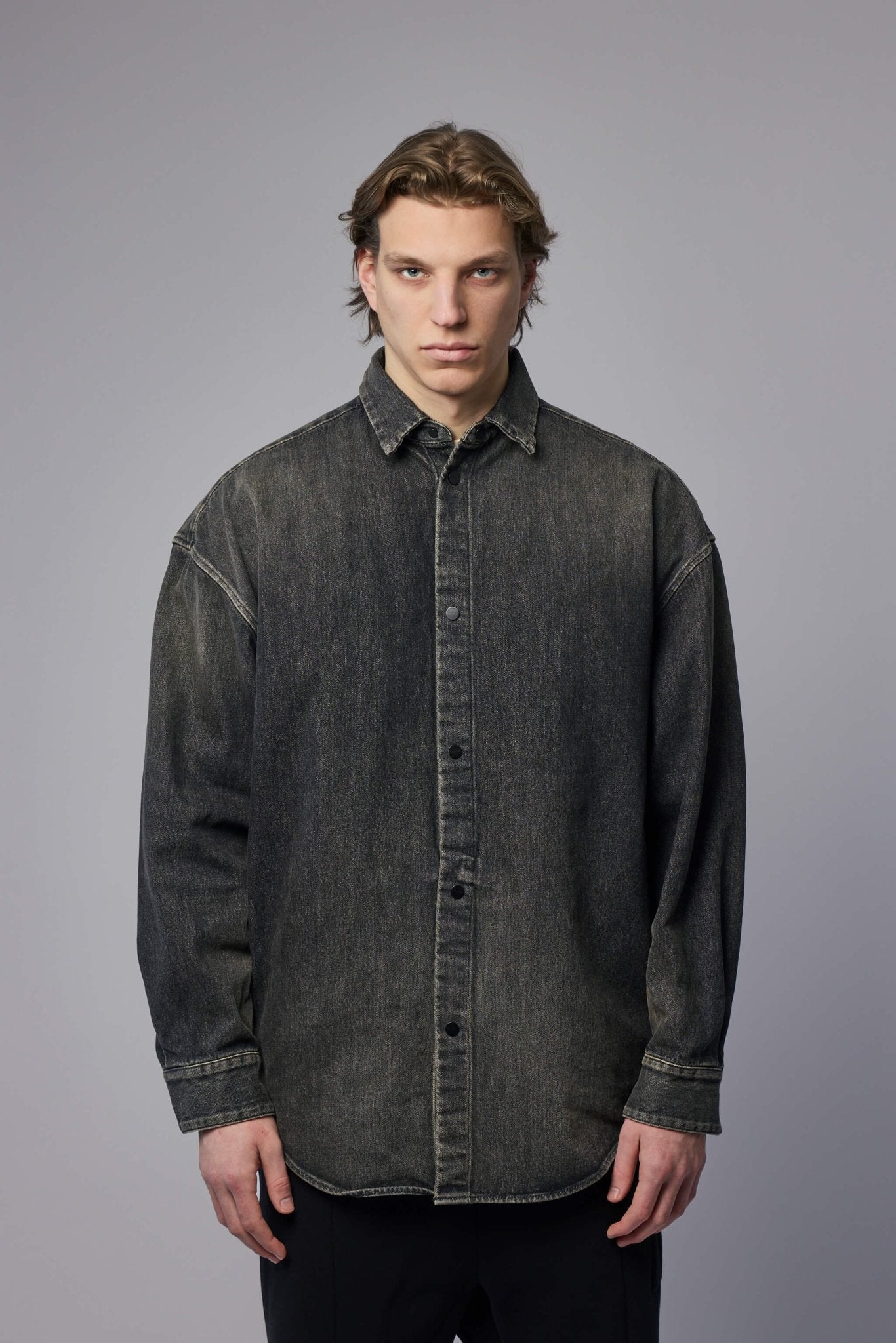 Snap Front Denim Overshirt Worn