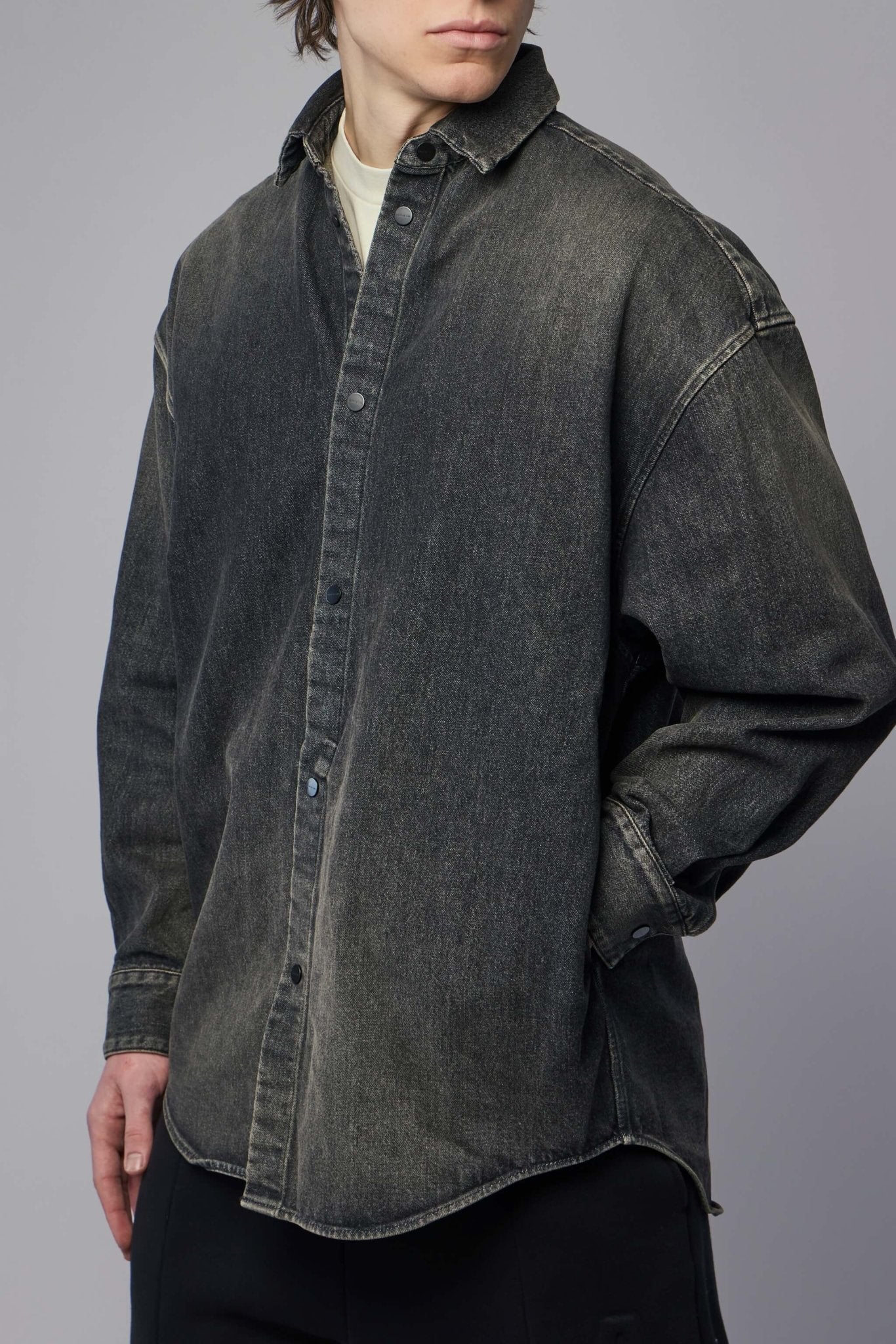 Snap Front Denim Overshirt Worn