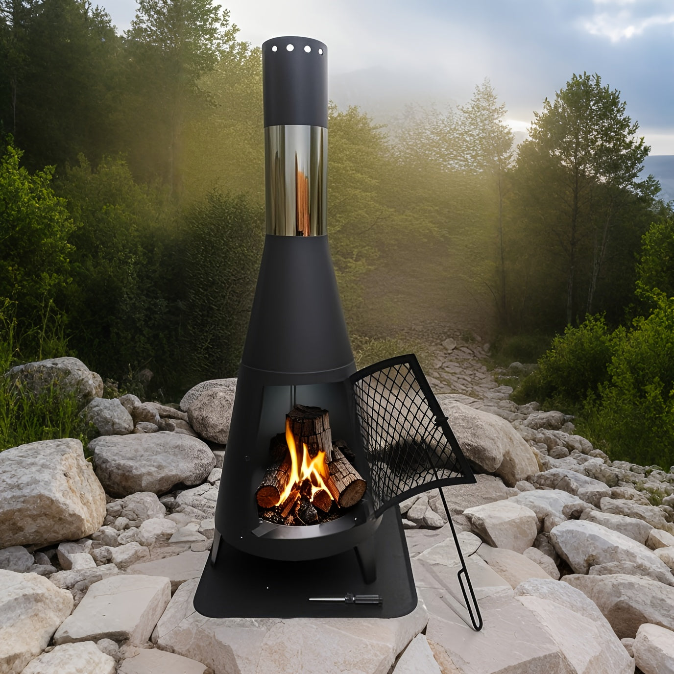 Outdoor Chimney Fireplace with Mesh Door Black Steel
