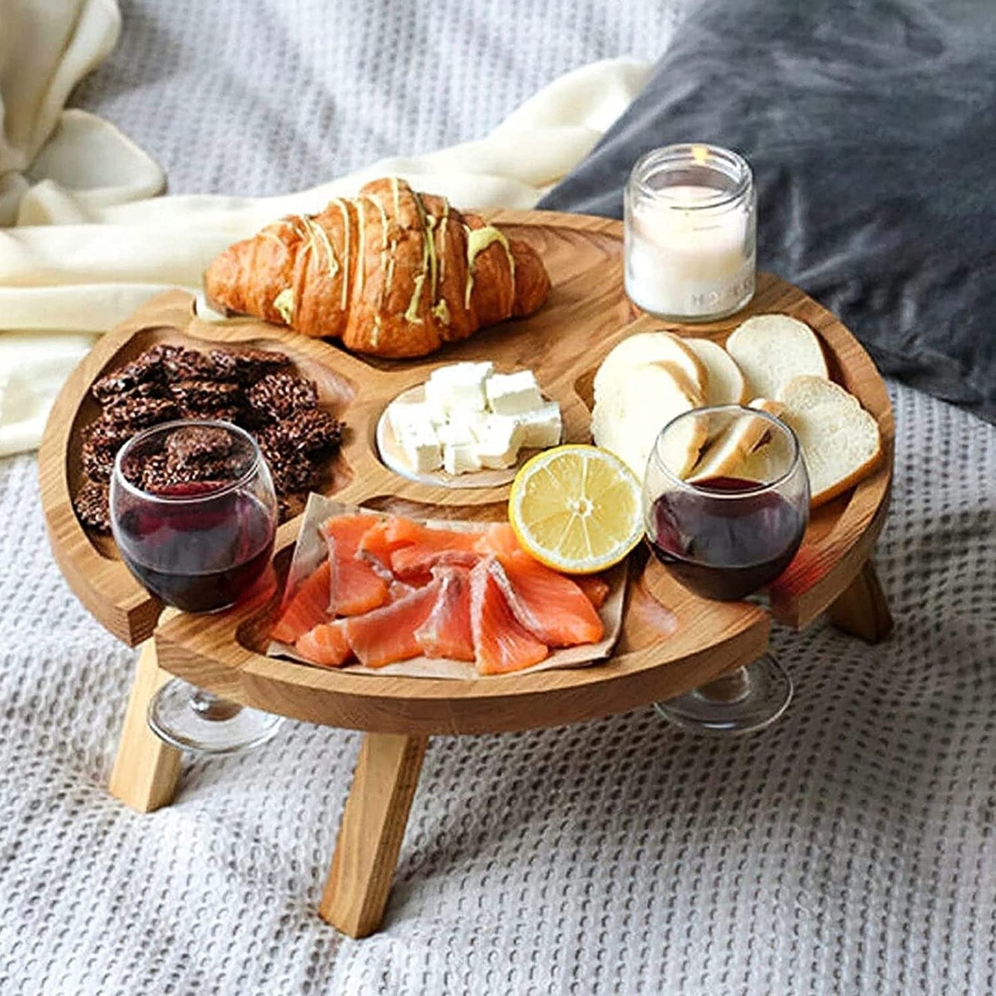 Portable Beach Table Outdoor Folding Small Wine Desk  2 In 1 Wooden Picnic Food Table Drink Wine Glasses Holder Picnic Board