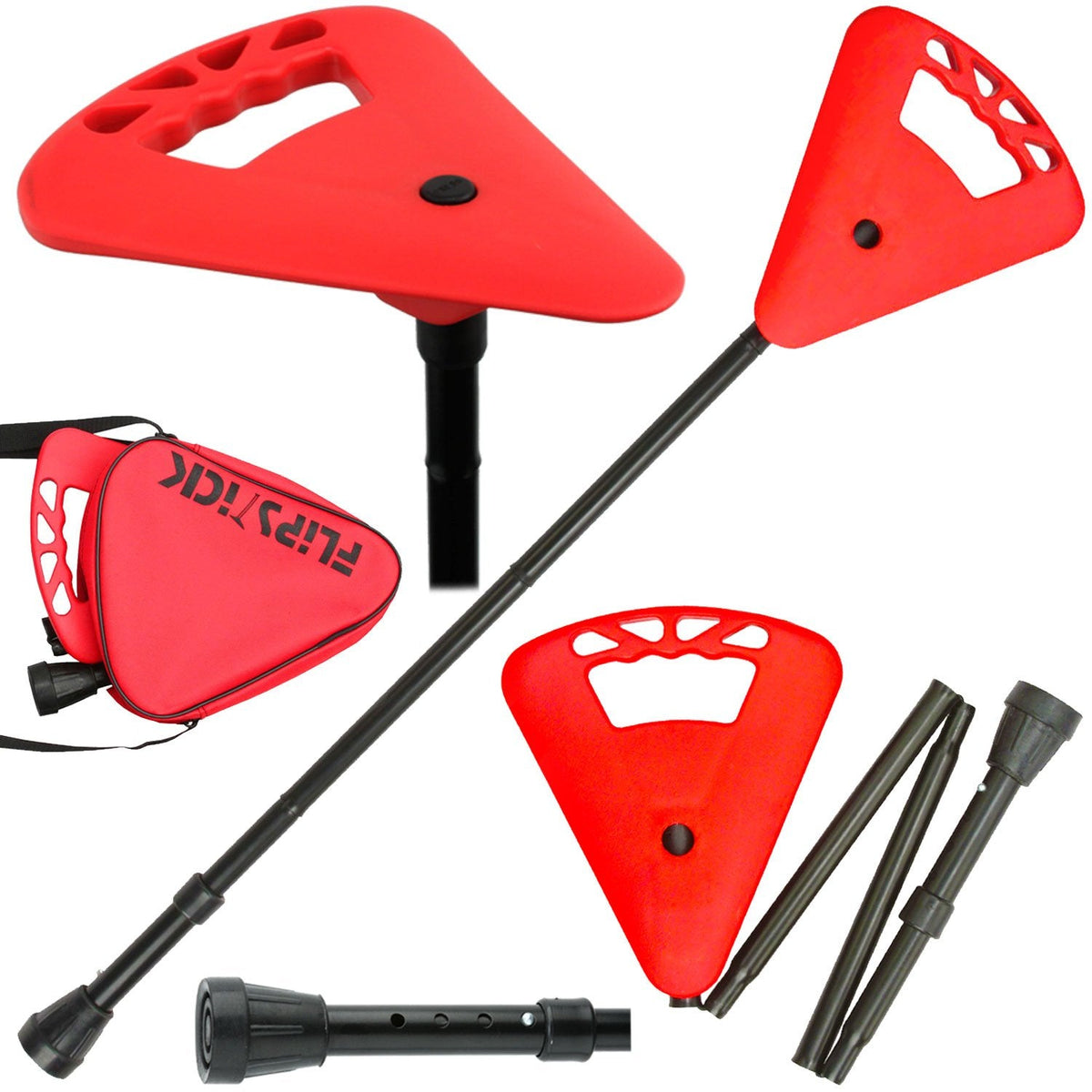 FlipStick Foldable Adjustable Seat Cane with Bag, Available in Black, Blue, and Red