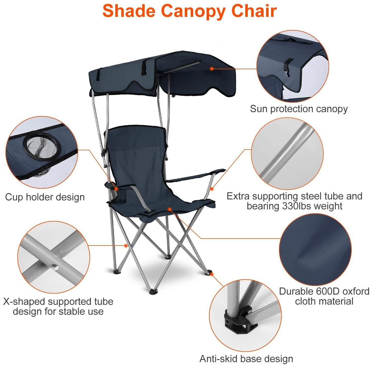 Foldable Beach Canopy Chair Sun Protection with Cup Holder
