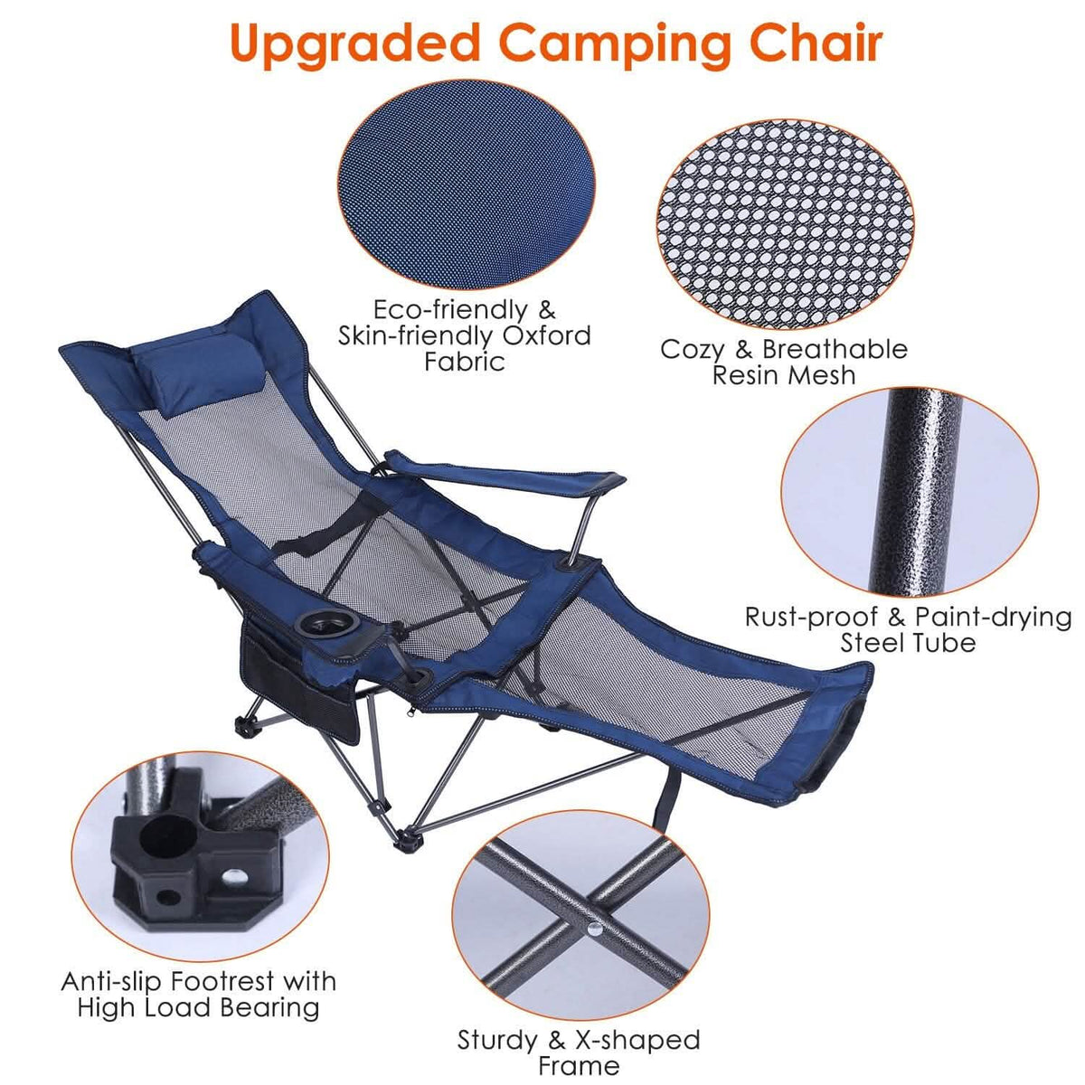 Foldable Camping Chair Heavy Duty Steel Lawn Chair with Reclining Backrest Angle