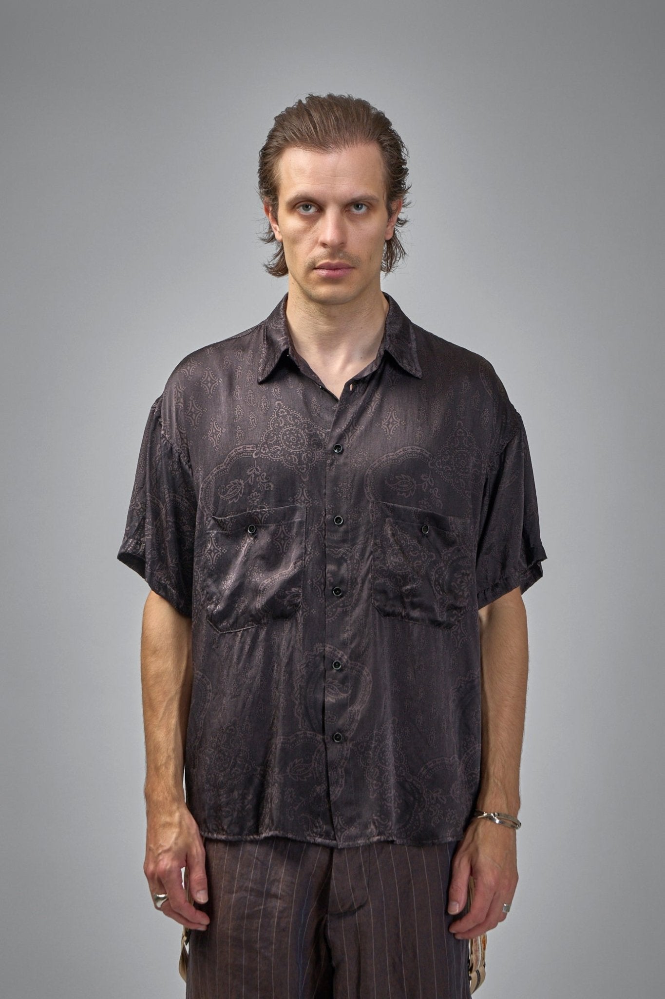 Asymmetric Swing Back Exaggerated Volume Short Sleeve Workshirt Hand Dyed