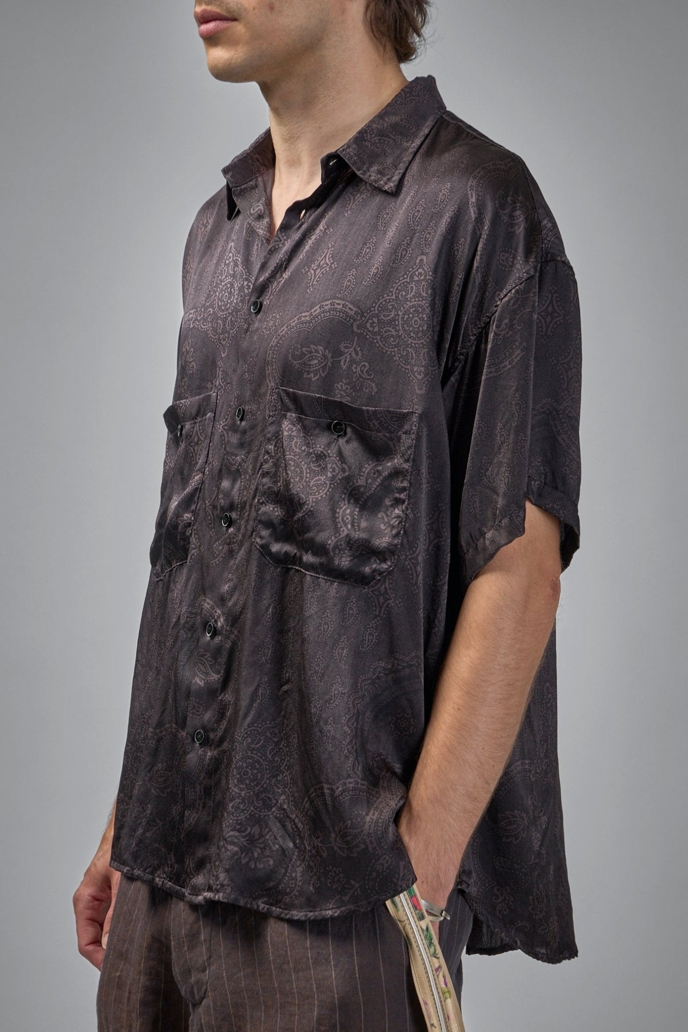 Asymmetric Swing Back Exaggerated Volume Short Sleeve Workshirt Hand Dyed