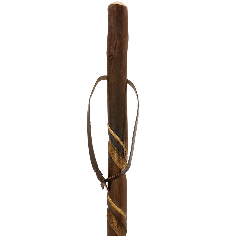 Chestnut-Ebony Carved Spiral Staff: Leather Strap, Combi Tip