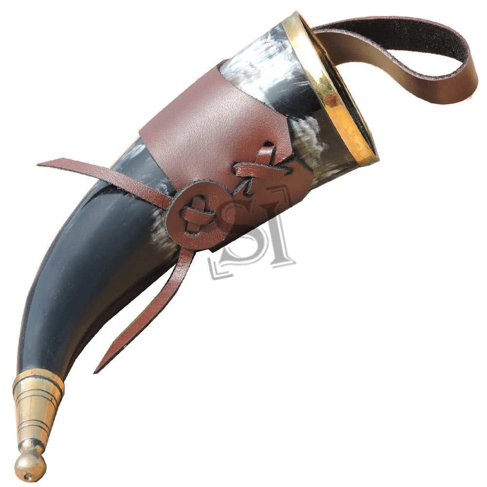 Brass Rim Medieval Drinking Horn with Leather Holster
