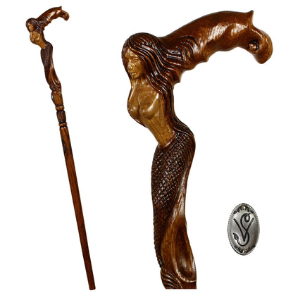 Crying Mermaid Artisan Intricate Detail Hand-Carved Cane