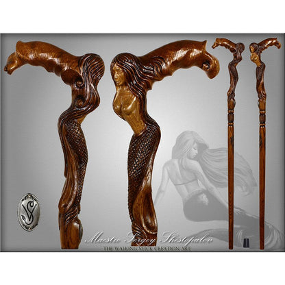 Crying Mermaid Artisan Intricate Detail Hand-Carved Cane